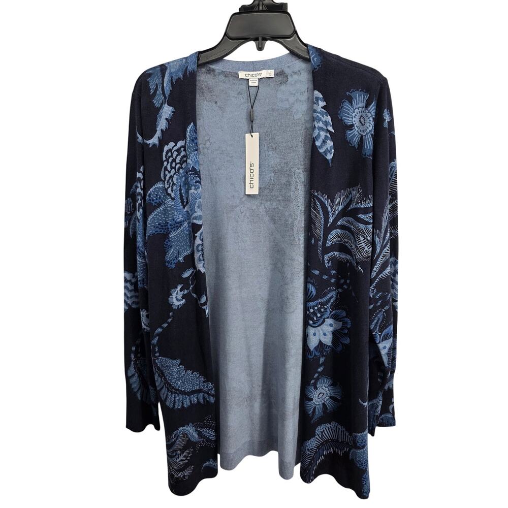 NWT Chico's Blue Medley Cardigan Sweater Classic Navy Floral Size Chicos 1 US 8